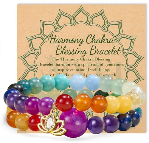 Bivei Natursteinarmbänder Kristall- und Stein-Chakra-Perlenstretch-Armband 8mm Reiki Halbedelstein-Lotus-Charme Spiritueller Schmuck Geschenke Segensarmbänder für Frauen (17CM 7 Chakren)