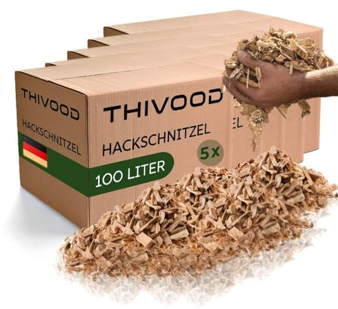 THIVOOD Hackschnitzel 500 Liter für den Garten - Ideal für Hackschnitzelheizung und als Anzünder - trockene Kiefer Holzhackschnitzel - Rindenmulch-Ersatz für Spielplatz, Gartenwege und Beete
