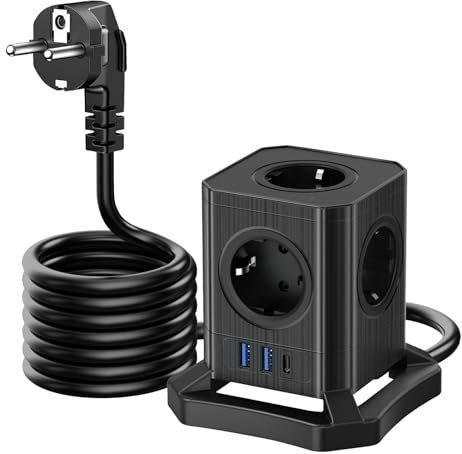 HyAdierTech Cubo Multipresa Con USB-A, USB-C e 5 Prese - Protezione Da Sovraccarico, Cavo 2M - Perfetto Per Ufficio, Casa, Viaggi