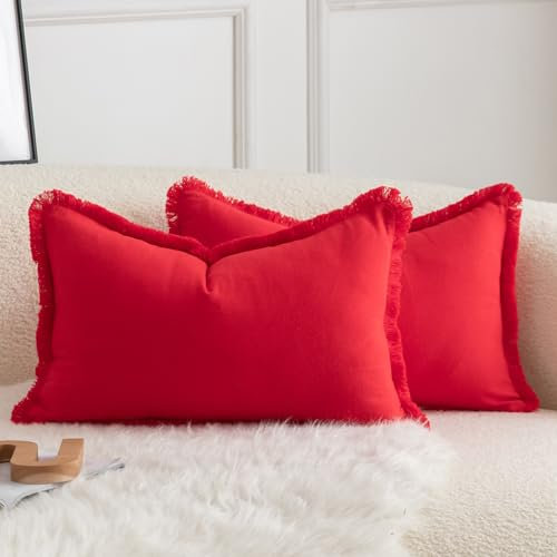 Mandioo 2er Set neutralen Baumwolle Quasten Kissenbezug 40x60cm Dekorative Kissenbezüge Dekokissen Boho Sofakissen Kissenhülle für Couch Sofa Schlafzimmer Wohnzimmer Heimdekoration Rot