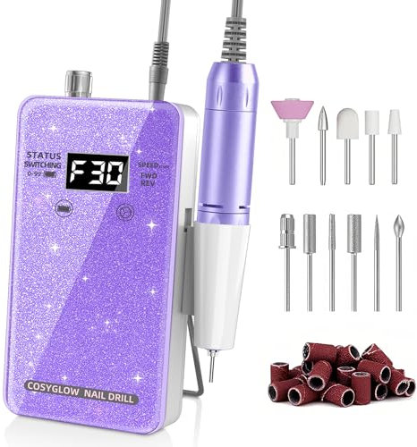 COSYGLOW - Lima eléctrica profesional para uñas, kit de taladro de uñas portátil con purpurina con 11 brocas, máquina de taladro de uñas inalámbrica recargable de 30000 rpm, lima electrónica para uñas