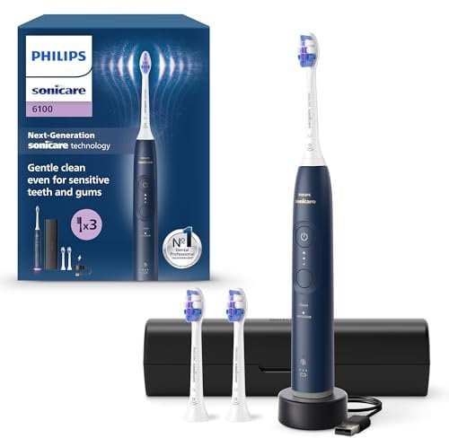Philips Sonicare 6100 elektrische Zahnbürste, Schallzahnbürste, 2 Putzmodi, 3 Intensitätsstufen, Andruckkontrolle, EasyStart, SmarTimer, Reiseetui, Marineblau, Modell HX7403/01 [Neue Technologie]