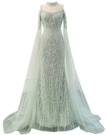 NGBUY Charming Beaded Prom Dress Tulle Evening Dress Long Sleeves Pageant Dress, Green, 4