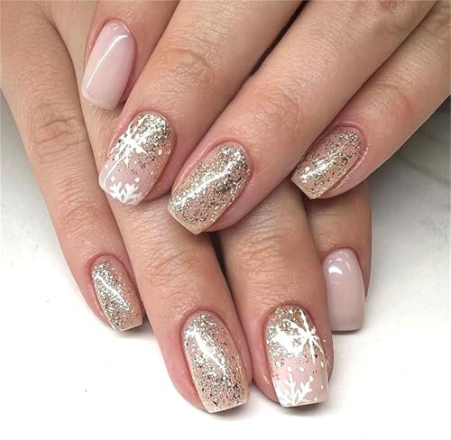 Künstliche Nägel, kurz, quadratisch, zum Aufdrücken, Winter, Schneeflocken, Nagelkunst, Dekoration, Weihnachten, glänzend, für Frauen und Mädchen, 24 Stück