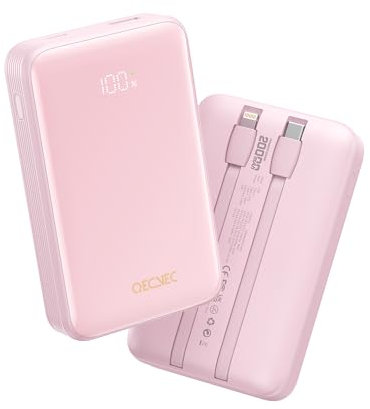Qecvec Power Bank,Portable Charger 20000mAh with 2 Built-in Cables, 22.5w Fast Charging Battery Pack, LED Display Backup Battery, Travel Battery Pack for iPad, iphone Samsung and More (Pink)