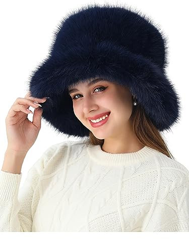 sy soul young Damen Winter Kunstpelz Plüsch Bucket Hat Wintermütze Fischerhüte Hut Pelz Warme Fischer Cap(Marine)