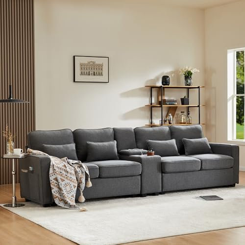 Dolamaní Modernes Big Sofa & couches 4 Sitzer mit Konsole, 2 Getränkehaltern, Armlehnentaschen und 4 Kissen, 246x 83 x 88 cm für Wohnzimmer, Wohnung, Büro (Dunkelgrau mit Konsole)