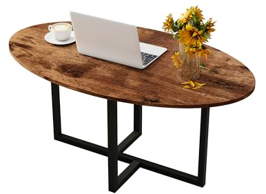 VERFARM Ovaler Couchtisch, Holzoptik, Akzenttisch mit Metallrahmen, schlichter, moderner Stil, Mitteltisch für Wohnzimmer, Heimbüro, einfache Montage, Schwarz + Braun