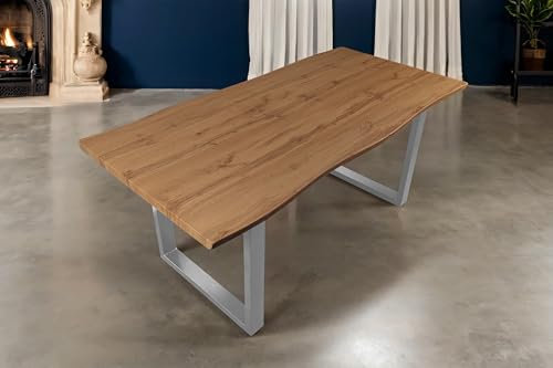 SAM Esstisch Josy | 180 x 90 cm | Holz Wildeiche-Optik | U-Gestell Metall Silber | 40 mm Tischplatte mit Baumkante | Tisch für Esszimmer & Küche