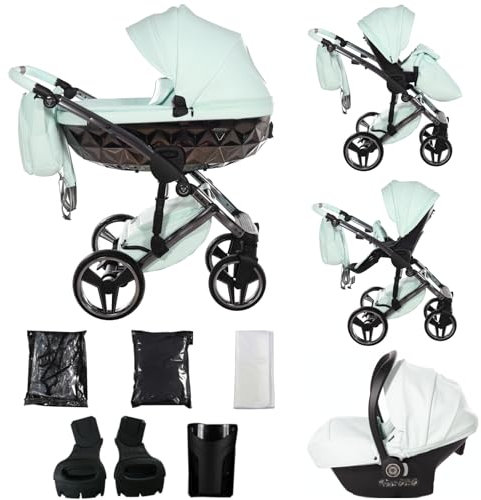 Junama Kinderwagen Diamond Hand Craft 2in1 3in1 4in1 (01 - Pistazie und Silber, 3in1 mit Autositz)