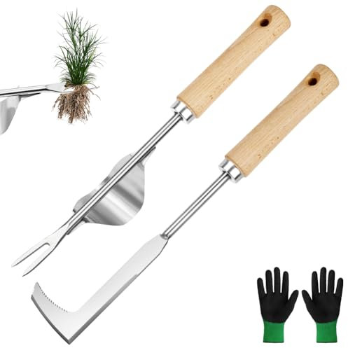 Adiwo Desherbeur Manuel, 3 Pièces Couteau Désherbeur, Desherbeur en Acier Inoxydable, avec Manche en Bois, Arrache Mauvaise Herbe pour Désherbage dans Les Jardins, Parcs et Potagers