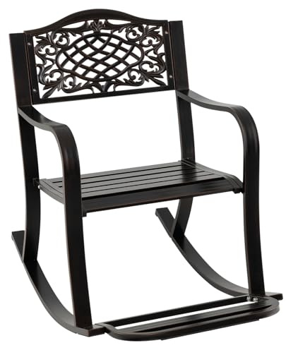 COSTWAY Fauteuil à Bascule Extérieur en Aluminium Coulé avec Repose-Pied | Chaise à Bascule avec Dossier à Motifs, Siège à Lattes, Fauteuil pour Jardin et Porche, Charge 150kg, 102x62,5x89 cm