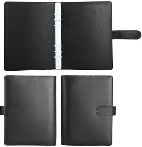 Ringbuch A5 Nachfüllbar – Binder Notizbuch mit 6 Ringen, PU Leder DIN A5 Ringbuch Abdeckung, Ringordner A5, Ordner für Füllpapier (Schwarz, Ohne Papier)