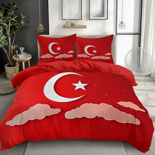 Generisch Rot Bettwäsche-Sets 135x200 cm Türkisches Flaggenmuster Polyester Baumwolle Bettbezug Set mit 2 Kissenbezug, 3-Teilig Bettwäsche für Schlafzimmer Dekorieren, Weich Bügelfrei