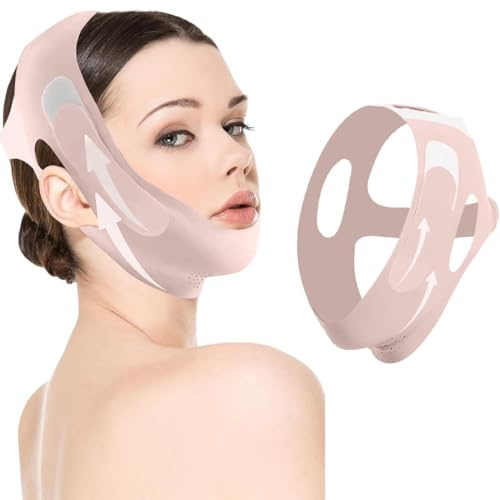 NJCXOLA Maschera riutilizzabile a V, Doppio Mento Maschera,Contorno viso a V, lifting e rassodamento,rosa