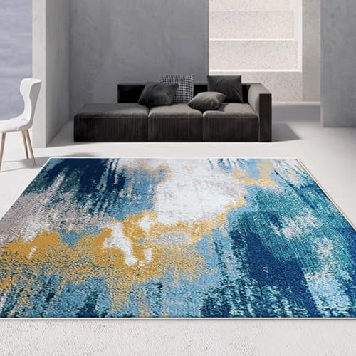 Rutschfester, waschbarer Teppich, 120 x 200 cm, weich und für Wohnzimmer, Schlafzimmer, Esszimmer, stilvolles Senfgelb, Dunkelblau und Grau, Heimdekoration