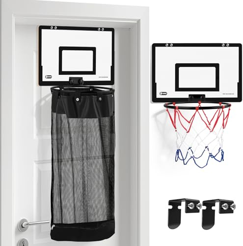 Basketballkorb und Basketballkorb über der Tür, 2-in-1 Holz-Sportwäsche/Wäschekorb mit Reifen und Reißverschluss unten, für Kinderzimmer, Teenager, Schlafzimmer, Schlafsaal, Badezimmer