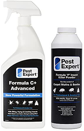 Pest Expert Formula C+ Carpet Moth Killer Spray Treatment 1ltr & Moth Killer Powder 300g - Fast Acting & Long-Lasting Control for Moths, Eggs & Larvae - Professional Strength Approved for Amateur Use