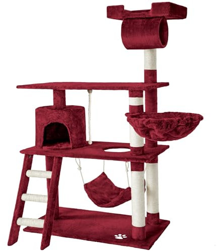 tectake Rascador para Gatos, 141cm, Árbol para Gatos multinivel, Torre para Gatos de Felpa y sisal, casa para Gatos con 4 Plataformas, Castillo Actividades Gatos, arranhador para Gatos - Burdeos Rojo