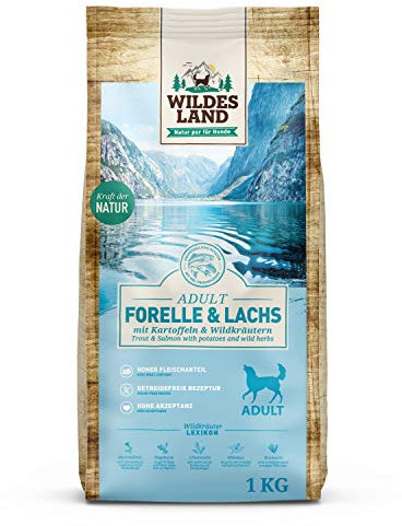 Wildes Land - Nr. 6 Forelle & Lachs - 1 kg - mit Kartoffeln und Wildkräutern - Glutenfrei - Trockenfutter für Hunde - Hundefutter mit hohem Fleischanteil - Hohe Verträglichkeit