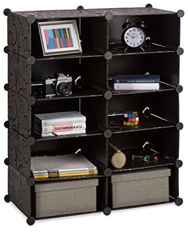 Relaxdays Regalsystem Steckregal m. 10 Fächern, erweiterbares Standregal, flaches Kunststoff Allzweckregal, schwarz