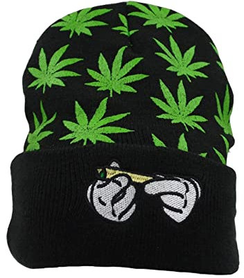 UTOWO Weed Marihuana Acryl Beanie Mützen Marihuana Weed Cuff Beanie Mütze für Damen Herren Roll-up Skully Cap, Grün , MEDIUM