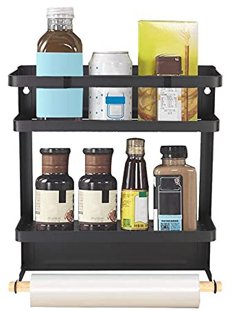 Estante Lateral Nevera, Estante de Almacenamiento para Pared con soporte magnético para toallas de papel(Negro)