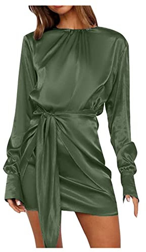 Vasreyy Prinzessin Kleid Damen Silvester Kleid Kleid Grün Damen Einfarbig Rundhals Satin Kurz Kleid mit Gürtel Hohe Taille Langarm Minikleid Vintage Cocktailkleid (Armeegrün,M)