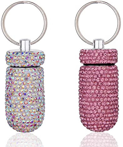 GOUWEIBA 2 Pcs Pilulier Portable avec Porte-clés, Pilulier Étanche, Mini Porte-pilules Petite Boîte à Porte-Médicament Conteneur Bling Strass pour Voyage En Plein Air (Rose + Argent)