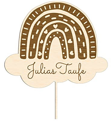 Alsino Persönlicher Cake Topper für alle Anlässe - Hochzeit, Geburtstag, Taufe, Geburt, Kommunion, Konfirmation - aus nachhaltigem Holz, (LA-164) Regenborgen zur Taufe mit Namen
