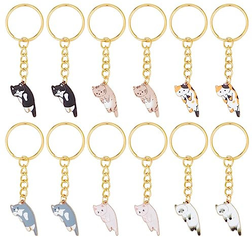 craspire 12 Stück Süße Katzen-Schlüsselanhänger, Kawaii-Kitty-Emaille-Schlüsselanhänger, Tier-6-Stil, Lustige Legierungs-Schlüsselanhänger, Hängende Anhänger, Charm-Schlüsselanhänger, Großpackung Für