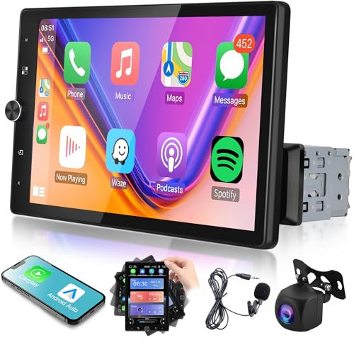 Autoradio 1 Din con Carplay Android Auto 10.4 Pollici Rotante Touchscreen Autoradio con IOS/Android Mirror Link Bluetooth FM USB/AUX/Controllo Vocale Controllo del Volante Telecamera Posteriore