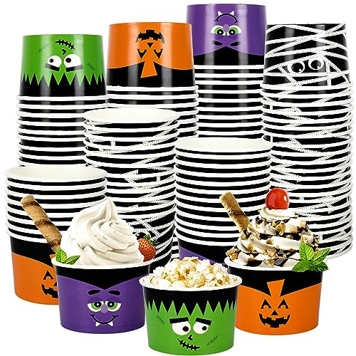 AnyDesign 100Pcs Halloween Treat Snack Cups 6.5oz 4 Styles Pumpkin Mummy Vampire Monster Disposable Paper Bowls Funny Halloween Character Paper Soup Cups for Hot Cold Drink Halloween Party Supplies