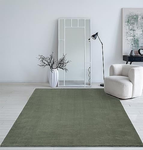 Mia´s Teppiche Taos kuscheliger Kurzflor Teppich, Anti-Rutsch Unterseite, Waschbar bis 30 Grad, Super Soft, Felloptik, Dunkelgrün, 80 x 150 cm