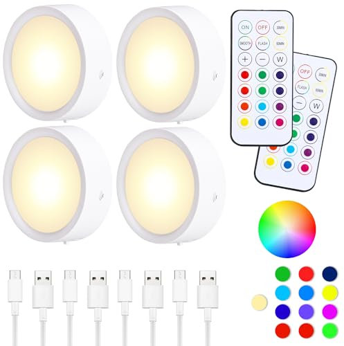 Luz LED Armario Recargable USB 4pcs, Luz Nocturna Inalámbricas 1000mAh, 13 Colores Luces Regulables, con Mandos a Distancia, Luz con Temporizador, Magnético(con Adhesivo de Metal)