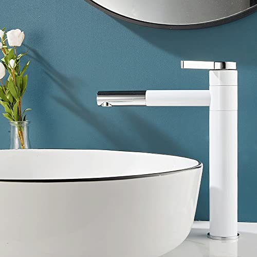 Maynosi Robinet Lavabo Laiton Haut Mitigeur Haut pour Vasque Robinet Salle de Bain avec Bec Haut Pivotant à 360° Mitigeur au Design Moderne Avec Tuyaux Flexibles (Blanc)