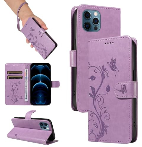 SRISHP Hülle für iPhone 12 / iPhone 12 Pro Handyhülle, Violett | Premium PU Leder, Handyhülle Mit Band, Magnet Flip Case, Kartenfächer, Ständer Klappbar Tasche, Standfunktion Schutzhülle