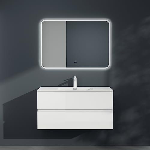 Mai & Mai Badmöbel-Set Waschbeckenunterschrank 80x48x50cm in Weiß Matt 2-Schubladen mit Soft-Close inkl. Mineralguss Waschbecken/LED-Badspiegel Aqualis
