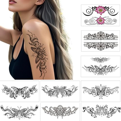 9 Feuilles Sexy Tatouage Autocollants Grande Taille Papillon ImperméAble Tatouage Temporaire Taille Adulte Tatouage Couverture Lotus Faux Tatouage Femmes Tatouage Abdominal Femmes Et Filles
