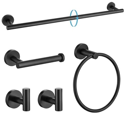 TURS Bathroom Accessory Set SUS 304 Stainless Steel Toilet Paper Holder Towel Bar Robe Hook Towel Holder Wall Mount (Black 5 Piece Set)