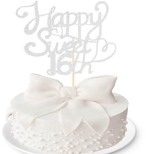 Sotpot Silver Glitter Happy Sweet 16 Cake Topper, Hello 16,Cheers to 16 Years Birthday Cake Decoration for Happy 16th Birthday Anniversary Party Decorations Supplies Silver 1 pcs