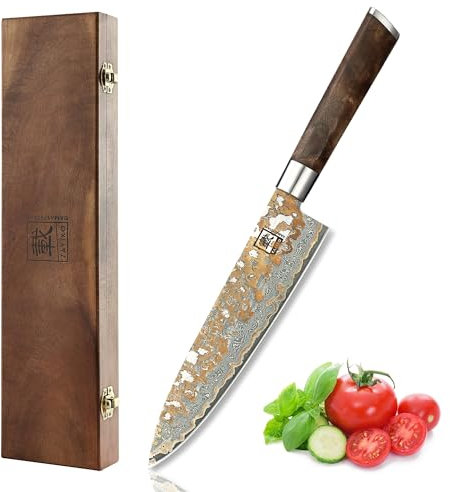 zayiko MysticMagma Chefmesser Damast 20 cm, 67 Lagen Damaststahl mit VG10 Kern, Kupfer und Bronze Einlage, DualCurve Ahornwurzelholzgriff, Küchenmesser in Holzbox, präzises Schneiden, extrem scharf