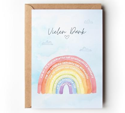 Dankeskarte für Erzieherin mit Regenbogen, Geschenkidee Abschied Kindergarten, Dankeschön Geschenk Tagesmutter, Grußkarte Kita Verabschiedung mit Kuvert Abschiedgeschenk (1 Karte mit Kuvert)