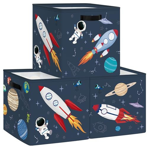 Clastyle Aufbewahrungsbox 3 Stück Weltraumrakete Blau Aufbewahrungskorb Kinder Astronaut Stoff mit Griffen Aufbewahrungswürfel Organizer Falt für Spielzeug Bücher Kleidung