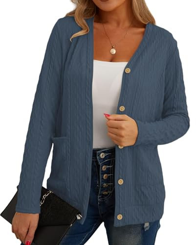 GRECERELLE Womens Cardigan Long Sleeve Lightweight Cardigans Button Down V Neck Ribbed Knit Outerwear Open Front Tops with Pocket for Ladies (Denim Blue, XL)