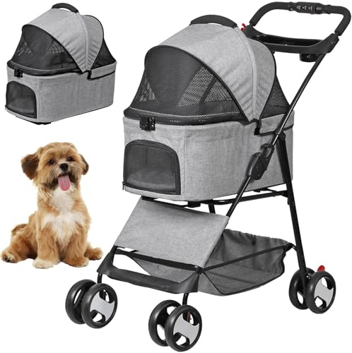 ZENY Pet Stroller, 3 in1 Foldable Dog Cat Jogger Stroller with 4 Wheels, Detachable Basket and Cup Holder, Travel Folding Carrier for Small/Medium Pet (Gray)