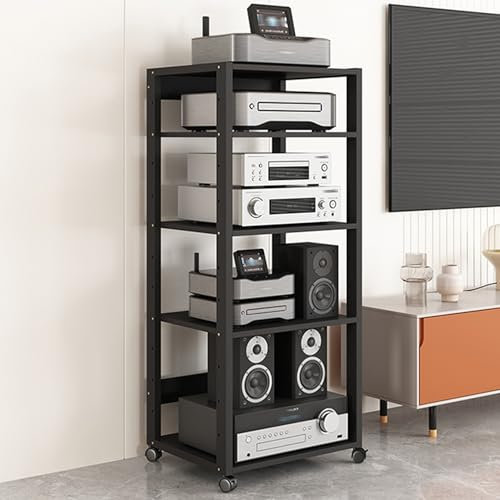 Meuble HiFi à 4/5 niveaux Meubles pour Audio/vidéo Étagère À Disques Meuble Imprimante Tourne Disque Vinyle Chaînes hi-fi Support de DVD Mobile avec roulettes pour Maison Bureau Divertissement(50x40x1