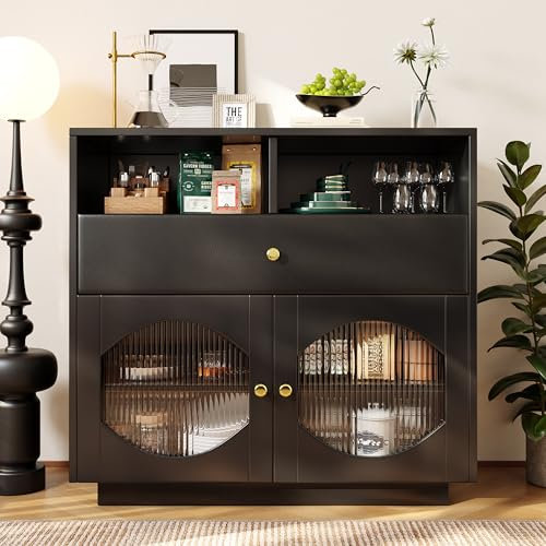 Moimhear Mueble de cocina, aparador con puertas de cristal, armario de almacenamiento, armario buffet para cocina, comedor y sala de estar, 100 × 40 × 90,5 cm (negro)
