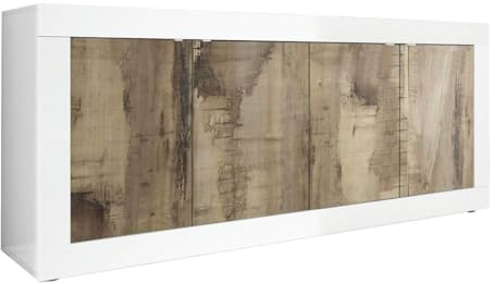 AltoBuy OTELLO - Buffet 4 Portes Finition Blanc Laqué et Aspect Bois Antik