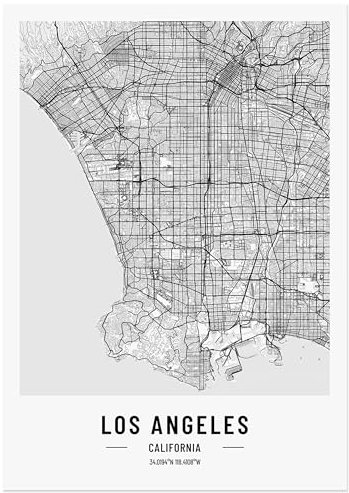 JUNOMI® Los Angeles Poster 50x70 cm Wohnzimmer Deko, Modernes Wandbild, Los Angeles Bild, Wandbild ohne Rahmen, Stadtplan Poster Los Angeles
